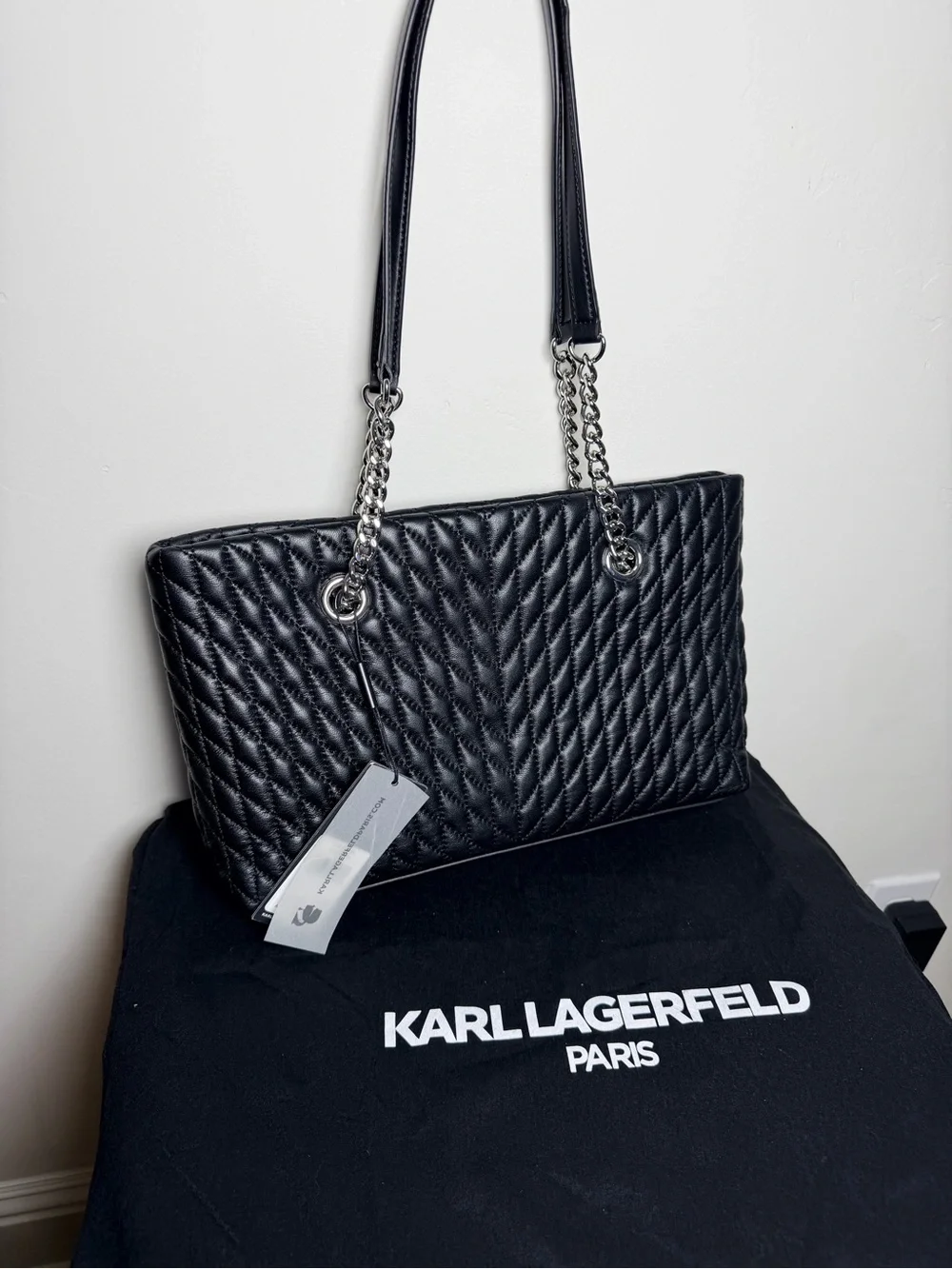 Karl Lagerfeld Black Quilted Tote Silver Chain Straps Paris karolina purse bag - Picture 5 of 8